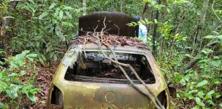 Ossada humana foi encontrada em um carro incendiado e abandonado em uma fazenda.