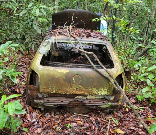 Ossada humana foi encontrada em um carro incendiado e abandonado em uma fazenda.