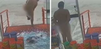 Um homem quebra a vidraça de uma farmácia e fica nu para se desculpar
