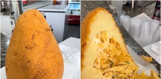 Uma enorme coxinha de 1kg se tornou uma atração em uma lanchonete tradicional do Centro Histórico de Cuiabá