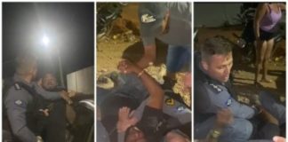 A população agride os policiais para impedir a prisão de um suspeito no interior de Mato Grosso