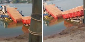 Semirreboques de carreta são lançados no Rio Teles Pires, em Mato Grosso, e ficam submersos: confira vídeo