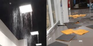 Uma chuva intensa causou danos ao telhado do aeroporto e deixou o hall alagado; veja vídeos