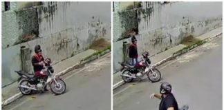 A câmera registrou momento em que homem coloca ladrão para correr em bairro nobre de Cuiabá; confira o vídeo