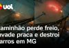 Caminhão ‘voa’ após perder o freio, invade praça e destrói carro em Minas Gerais; veja