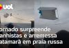 Forte tempestade lança barco em praia cheia no sul da Rússia; confira