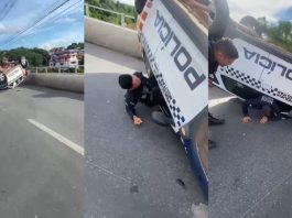 Viatura da PM capota após manobra brusca em ponte de Cuiabá