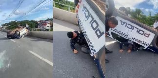 Viatura da PM capota após manobra brusca em ponte de Cuiabá