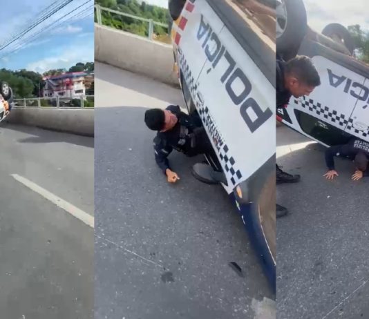 Viatura da PM capota após manobra brusca em ponte de Cuiabá